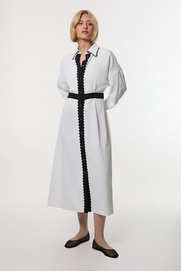 Scallop Trim Woven Crepe Shirt Dress ivory