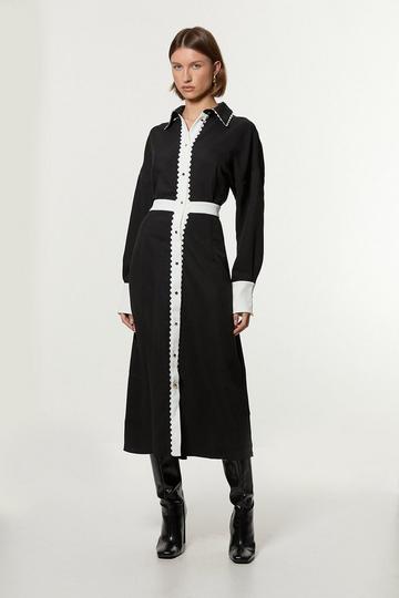 Scallop Trim Woven Crepe Shirt Dress mono