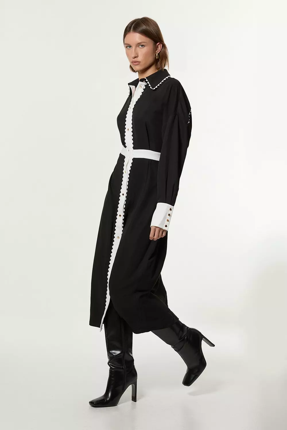 Scallop Trim Twill Woven Shirt Dress | Karen Millen
