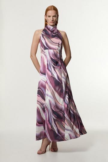 Graduated Stripe Viscose Satin Halter Dress purple