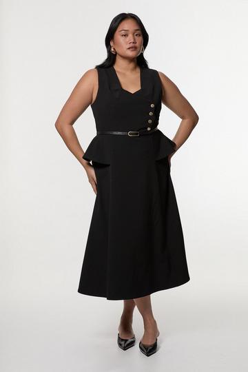 Black Plus Size Compact Stretch Belted Peplum Detail Full Skirted Midi Dress