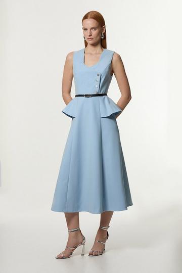 Blue Petite Compact Stretch Belted Peplum Detail Full Skirted Midi Dress