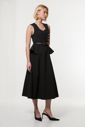 Black Compact Stretch Belted Peplum Detail Full Skirted Midi Dress