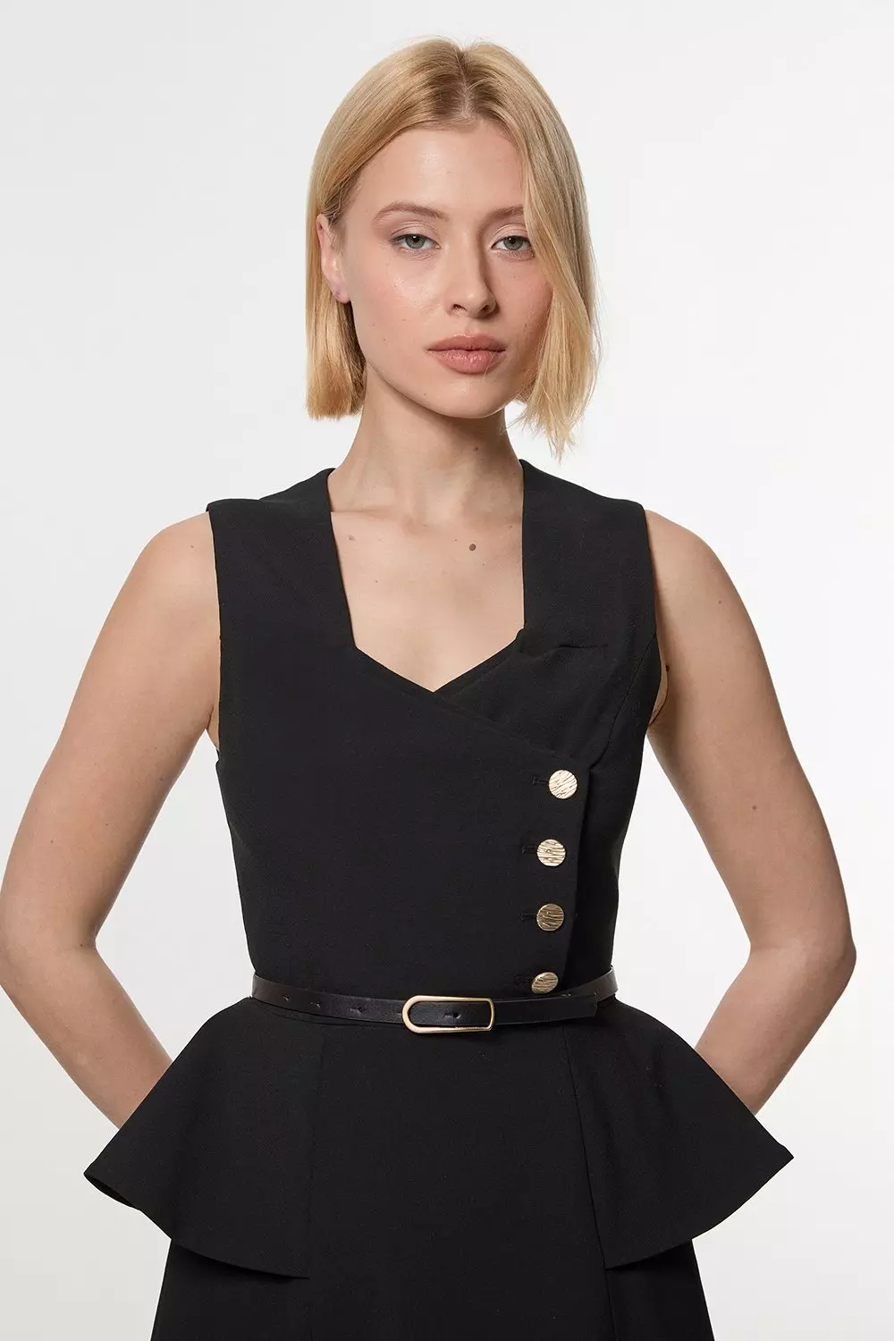 Karen Millen：ペプラム ストレッチ ミディドレス bkk22841_black_xl?$