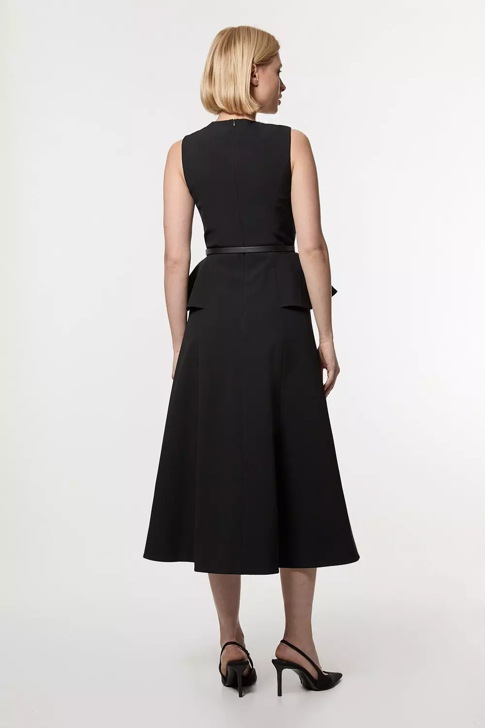 Compact Stretch Belted Peplum Detail Full Skirted Midi Dress