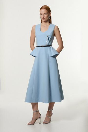 Blue Compact Stretch Belted Peplum Detail Full Midi Dress