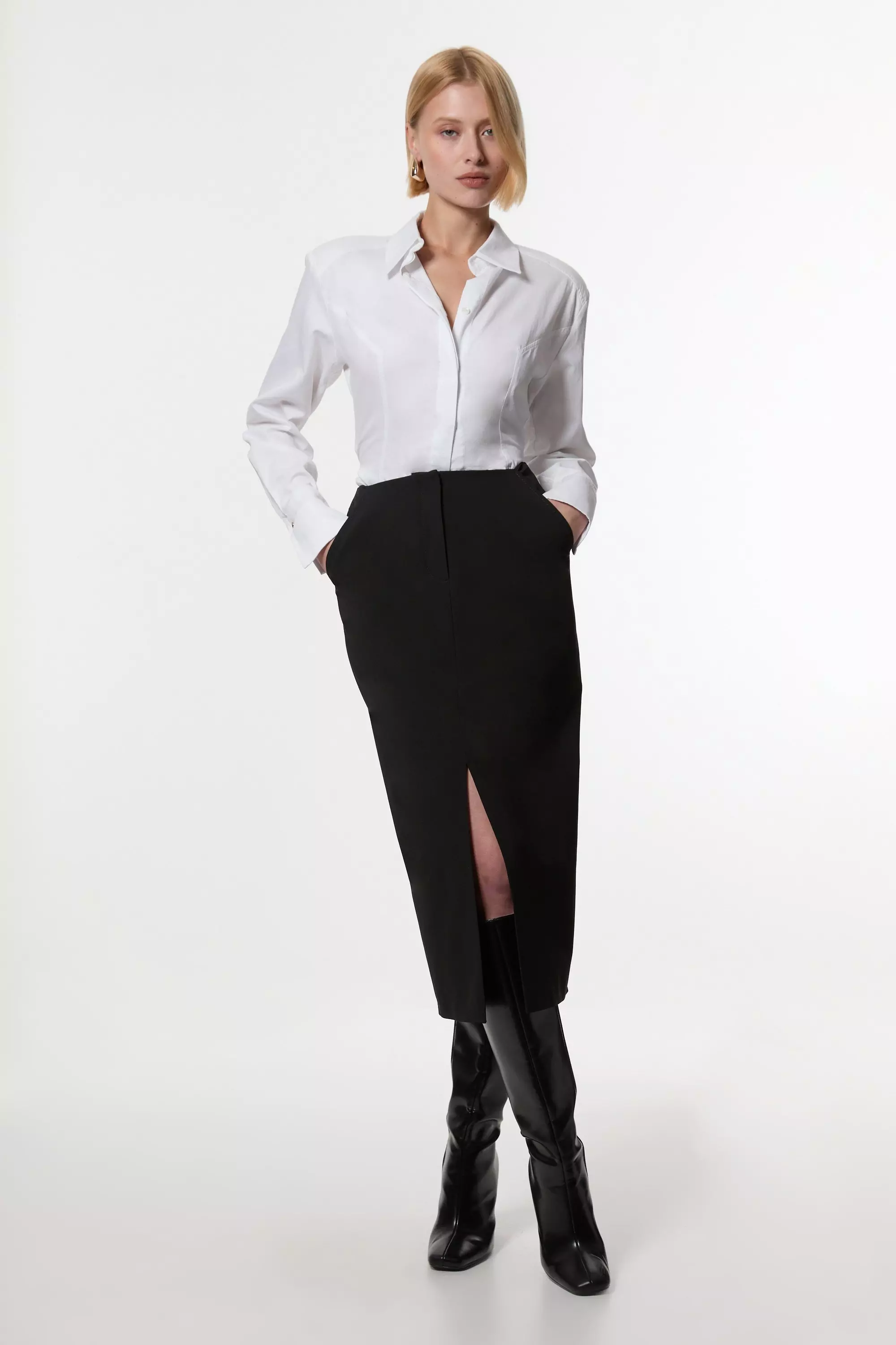 Black Compact Stretch Stab Stitch Tailored Pencil Midi Skirt alternative image
