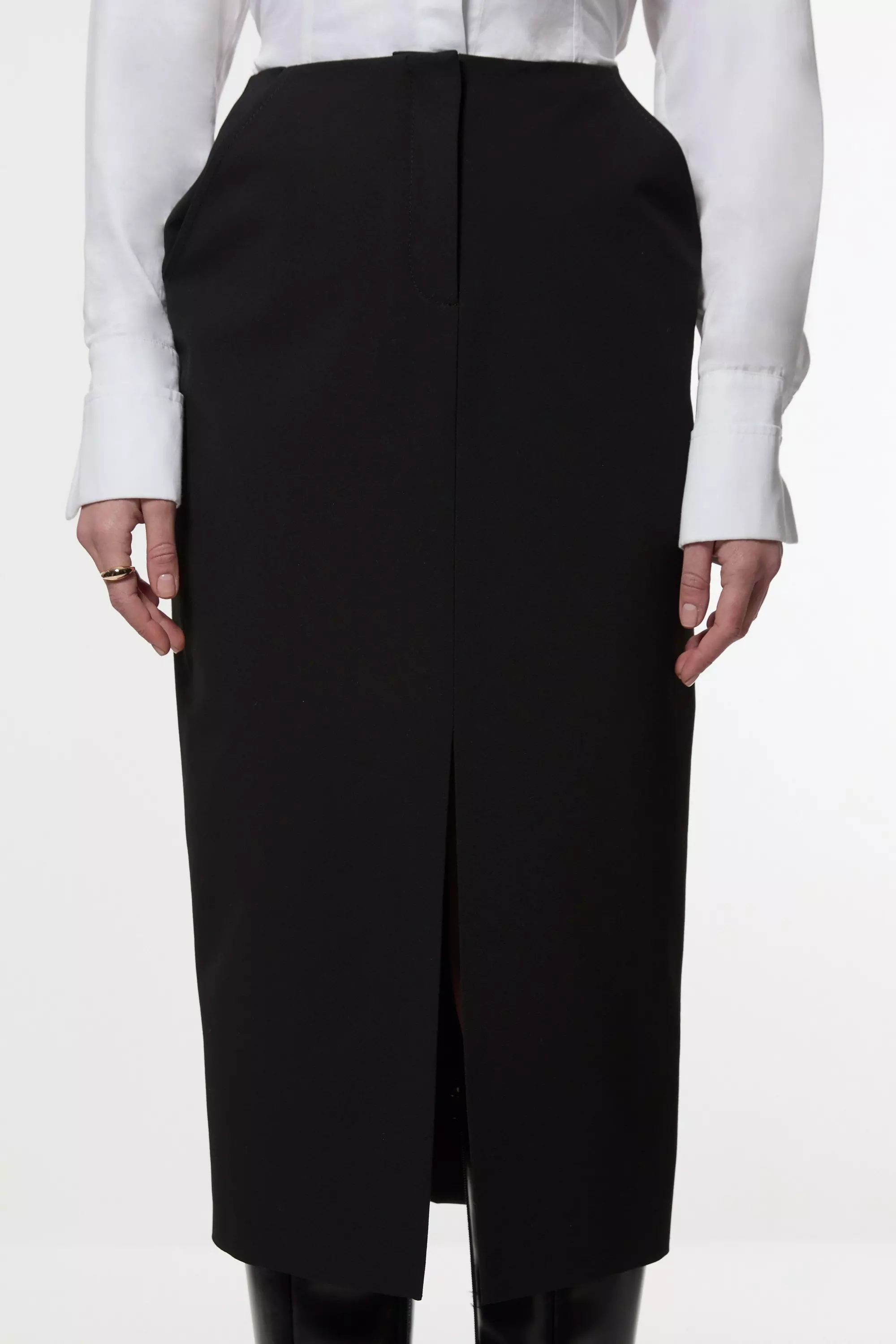 Black Compact Stretch Stab Stitch Tailored Pencil Midi Skirt alternative image