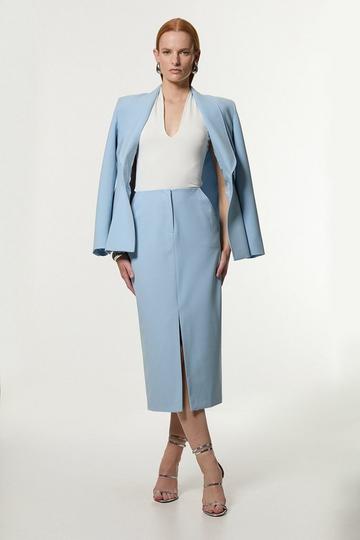 Blue Compact Stretch Stab Stitch Tailored Pencil Midi Skirt