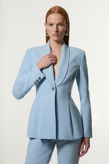 Blue Compact Stretch Stab Stitch Single Breasted Tailored Jacket