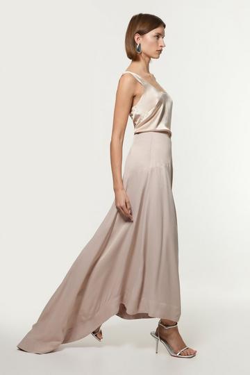 Viscose Satin Panelled Train Maxi Skirt silver