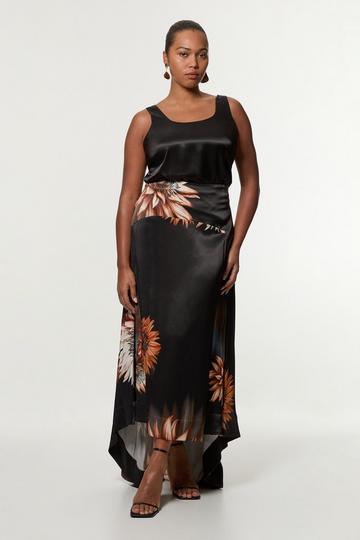 Plus Size Viscose Satin Printed Panelled Train Maxi Skirt floral