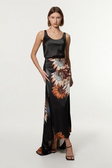 Viscose Satin Printed Panelled Train Maxi Skirt floral