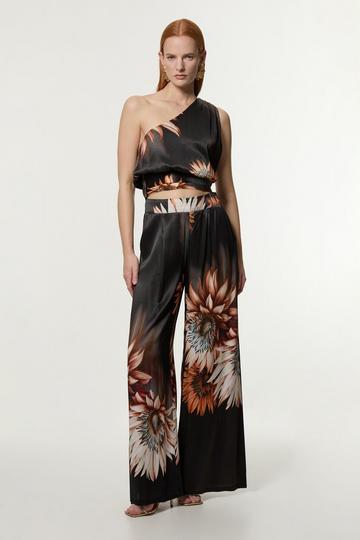 Viscose Satin Printed Wide Leg Woven Trouser floral