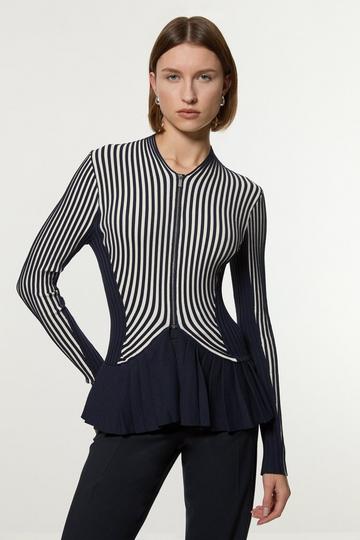 Navy Stripe Zip Through Peplum Knitted Jacket