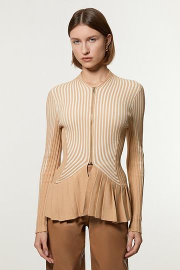 Stripe Zip Through Peplum Knitted Jacket neutral