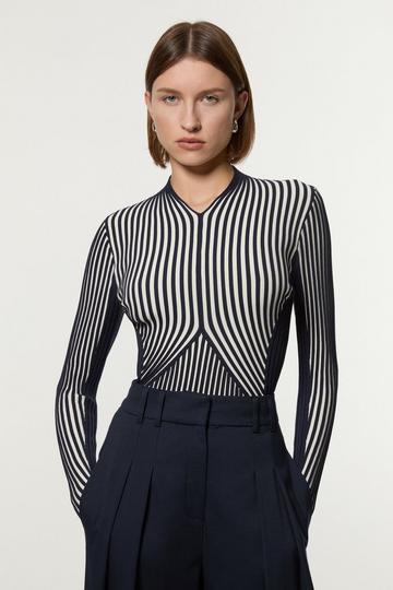 Stripe Fitted Long Sleeve Knitted Top navy