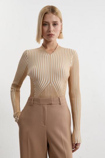 Stripe Fitted Long Sleeve Knitted Top neutral