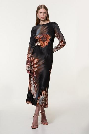 Floral Multi Viscose Satin Long Sleeve Bias Cut Woven Midi Dress