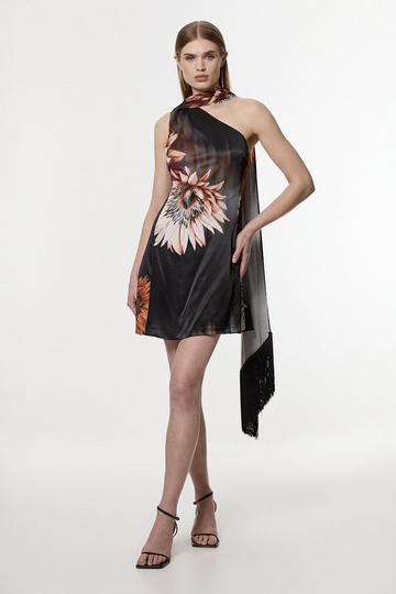 Floral Multi Viscose Satin Tie Neck Woven Mini Dress