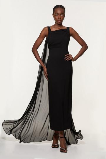 Viscose Cady Backless Bodycon Maxi Dress With Detachable Viscose Georgette Cape black