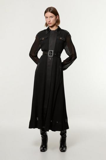 Viscose Georgette Woven Trench Midi Dress black