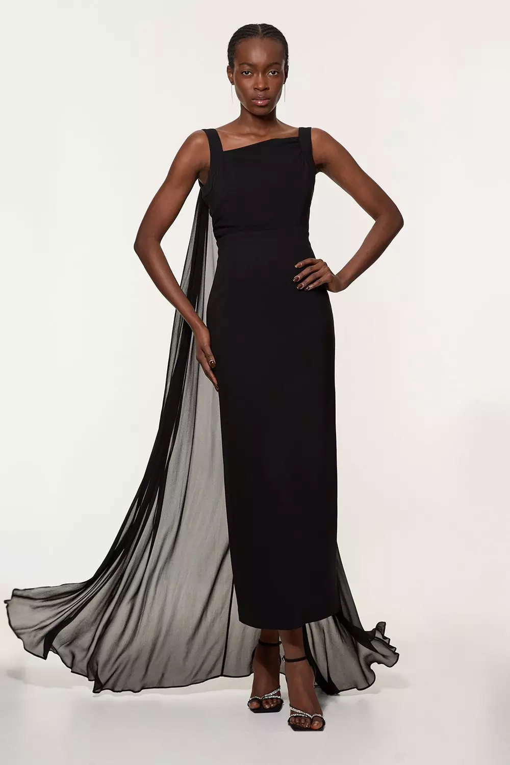 Black Petite Viscose Cady Backless Bodycon Maxi Dress With Detachable Viscose Georgette Cape alternative image