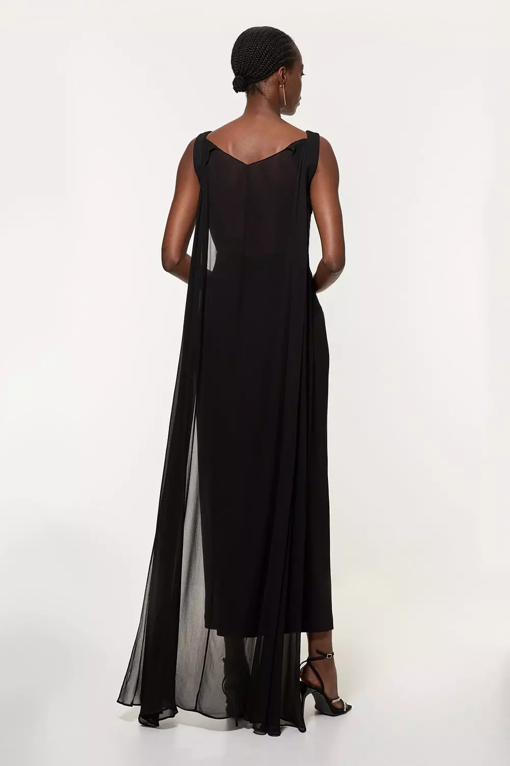 Black Petite Viscose Cady Backless Bodycon Maxi Dress With Detachable Viscose Georgette Cape alternative image