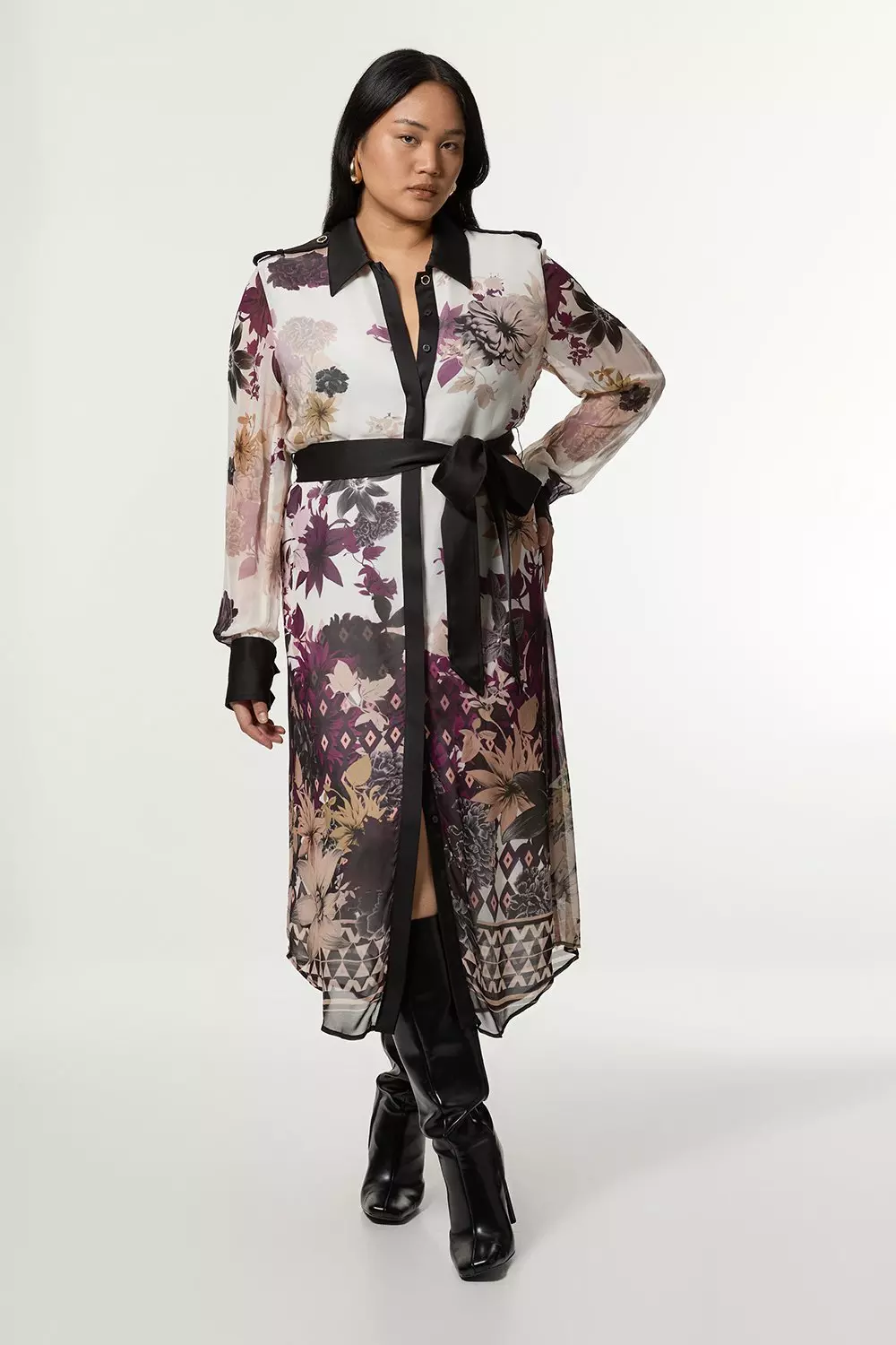 【Karen Millen】ボーダー ビスコース シャツ マキシ ワンピース Karen Millen☆ボーダープリント ビスコースシャツワンピース