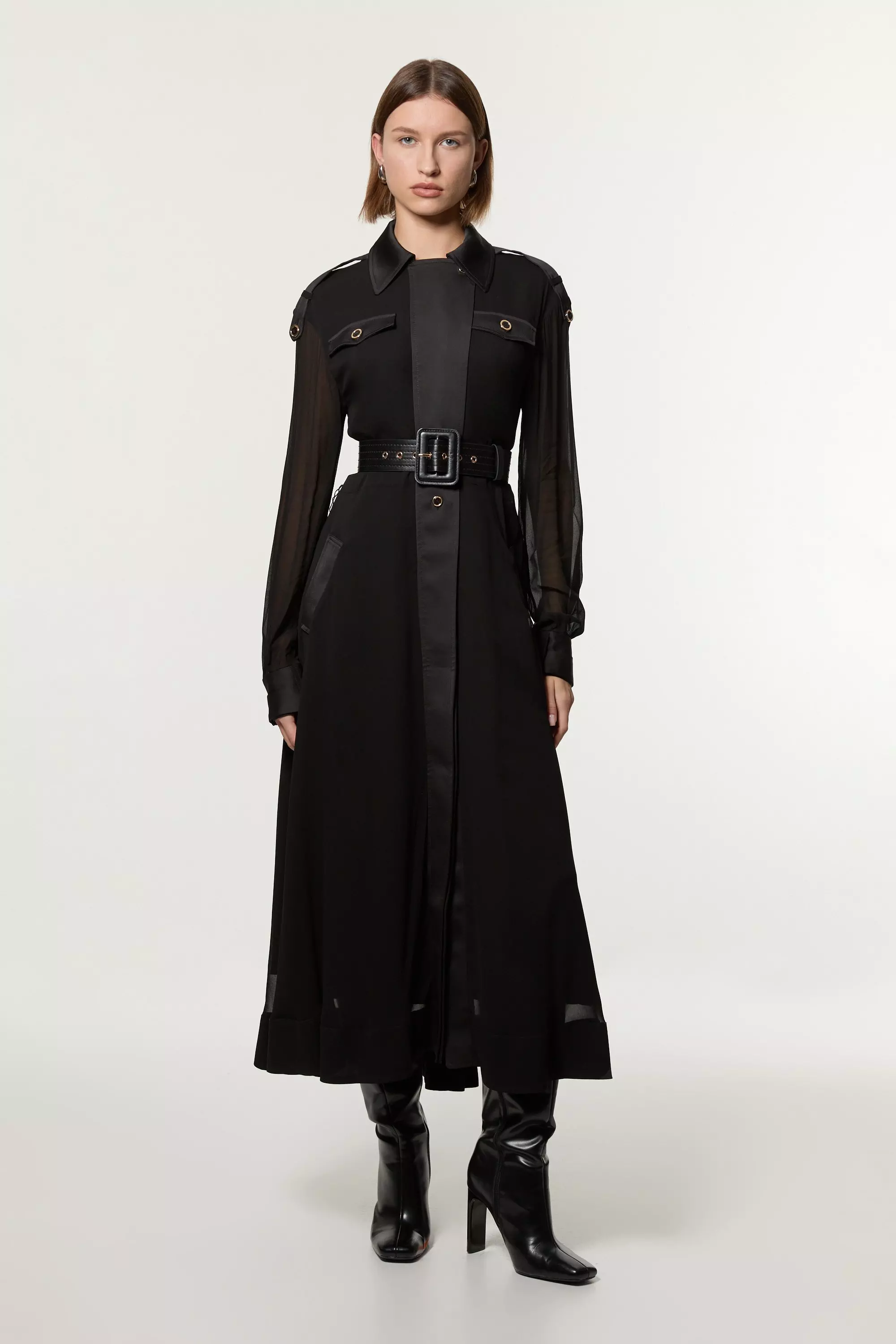 【Karen Millen】Viscose ette Woven Trench Midi Dress bkk22883_black_xl?$