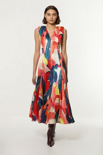 Satin Print V Neck Woven Maxi Dress multi