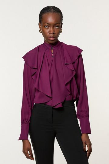 Ruffle High Neck Georgette Woven Blouse plum