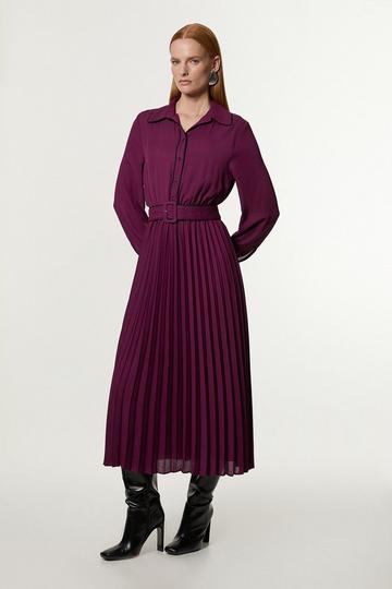 Georgette Pleated Woven Belted Midi Dress plum