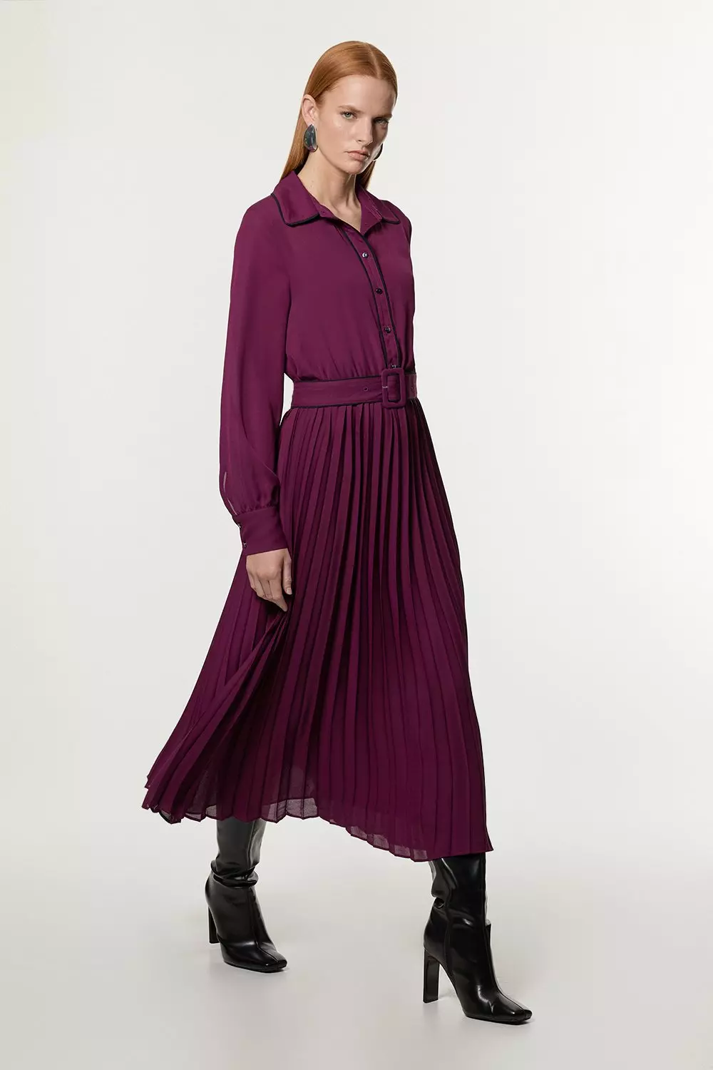 【Karen Millen】Viscose ette Woven Trench Midi Dress Compact Stretch Tailored Forever Belted Midi Dress | Karen