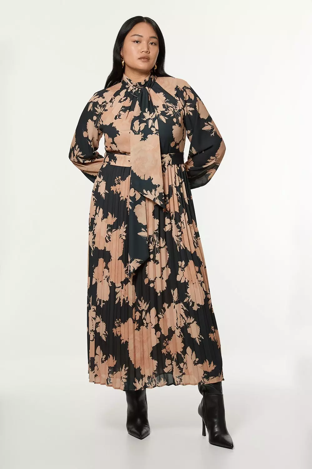 KAREN MILLEN ミディドレス 長袖 襟 ベルト 花柄 プリーツ Karen Millen Multicolor Floral Lace Embroidered Dress 8