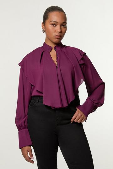 Plus Size Ruffle High Neck Georgette Woven Blouse plum