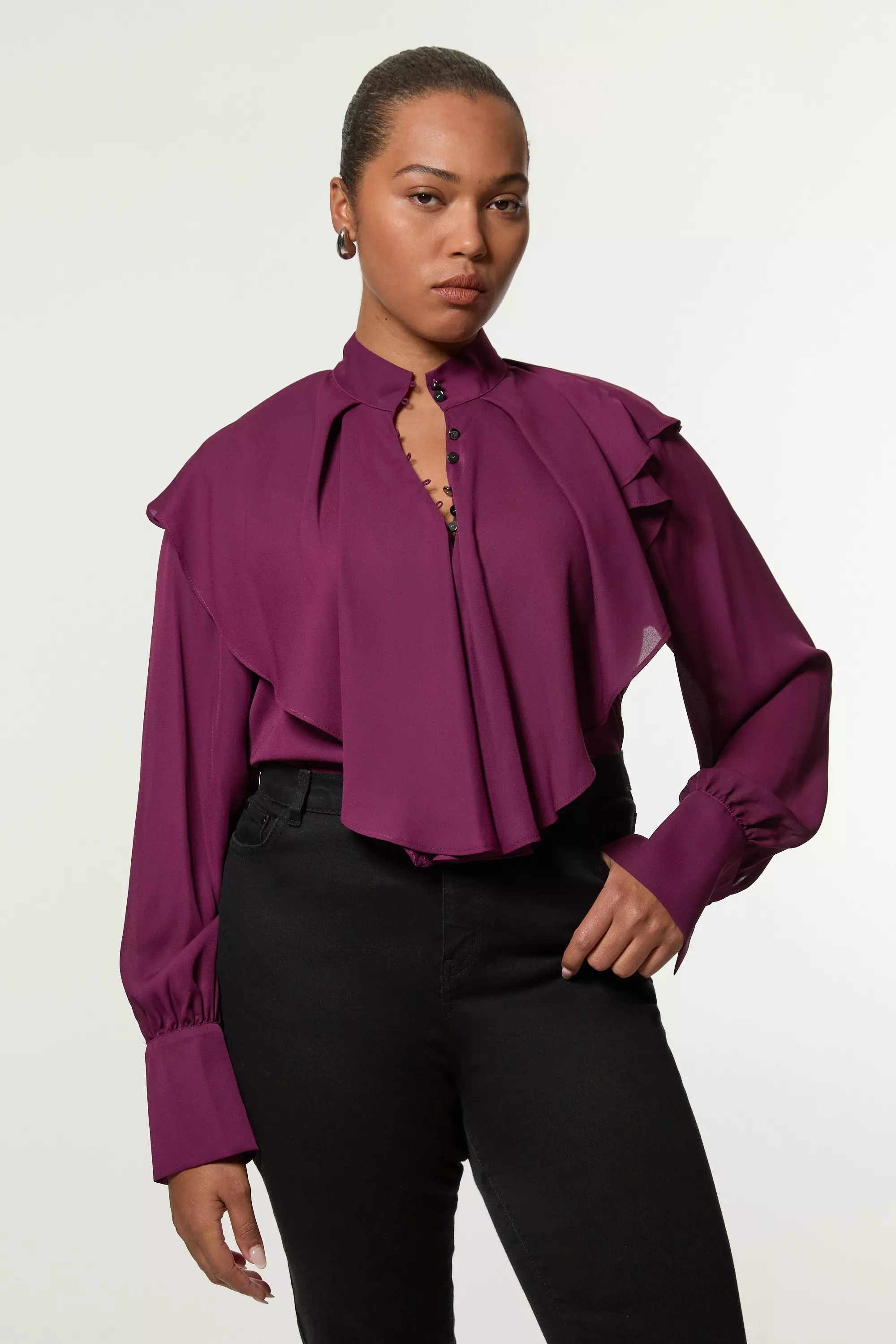 High neck ruffle blouse plus size on sale