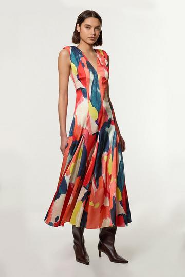 Petite Satin Print V Neck Woven Maxi Dress multi