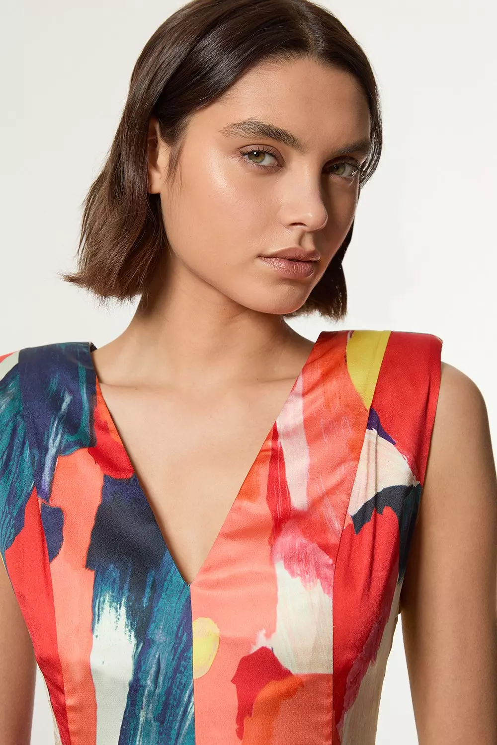 Petite Satin Print V Neck Woven Maxi Dress | Karen Millen