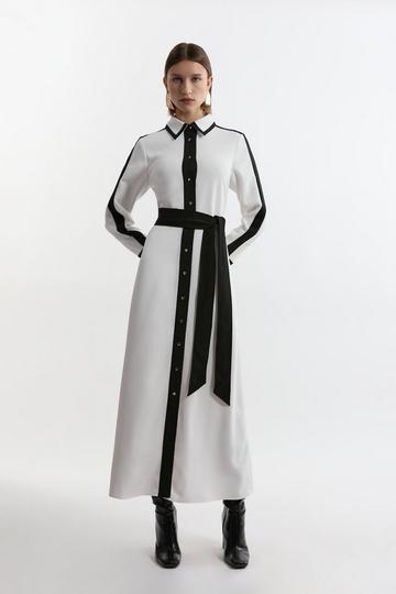 Colour Block Twill Woven Belted Midi Shirt Dress ivory