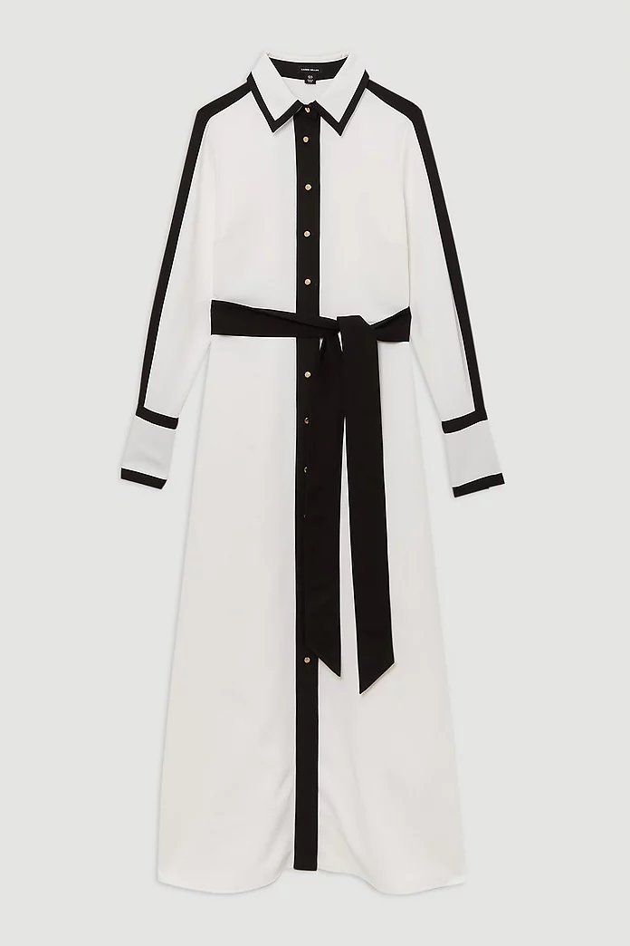 Color Block Twill Woven Belted Midi Shirt Dress | Karen Millen Color Block Twill Woven Belted Midi Shirt Dress | Karen Millen