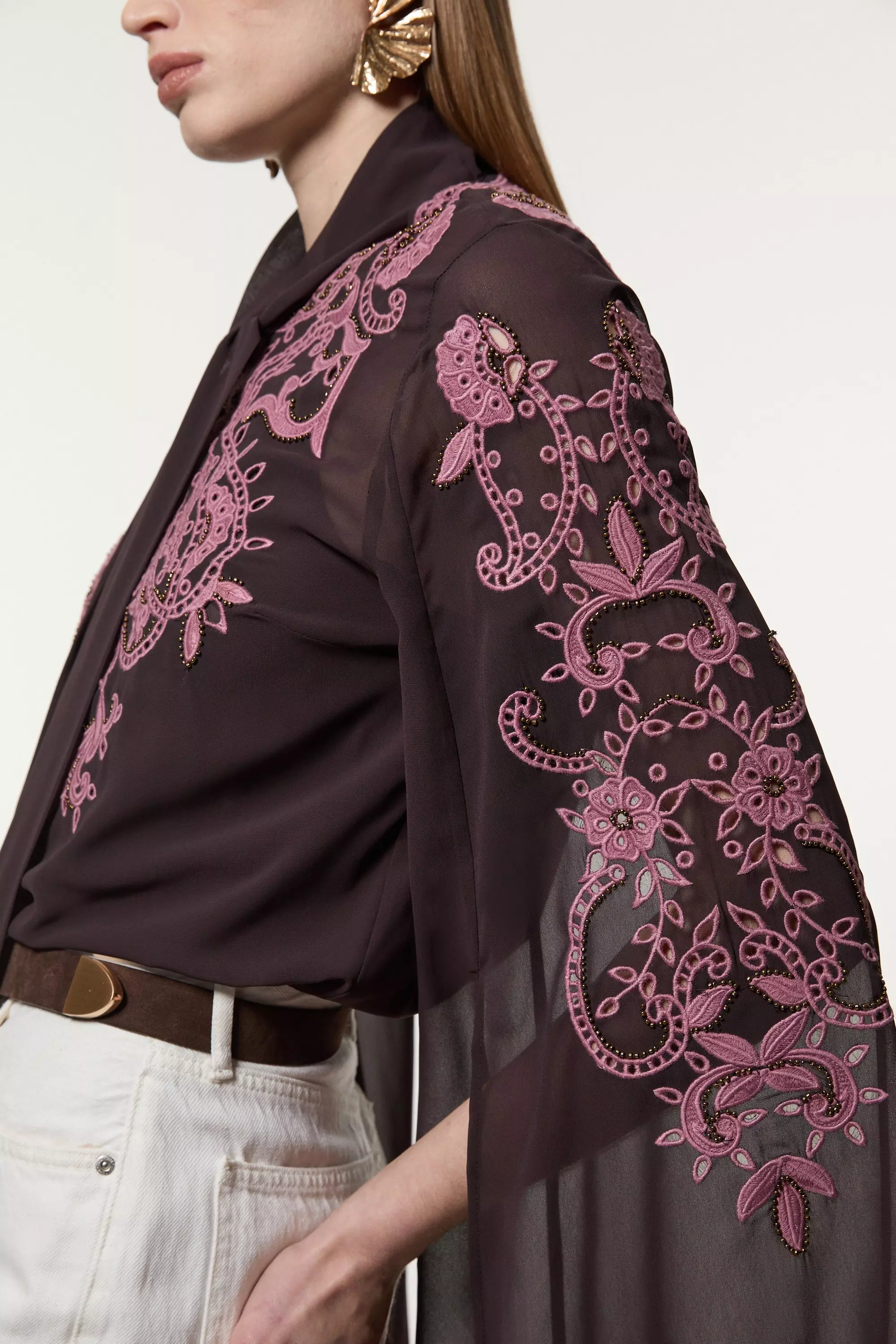 Cutwork Beaded Georgette Tie Neck Woven Blouse With Drama