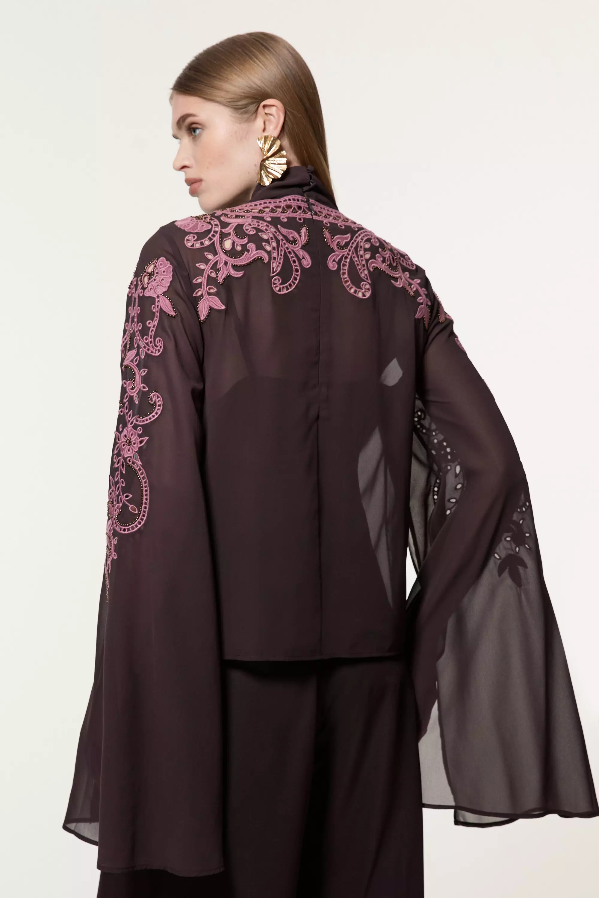 Cutwork Beaded Georgette Tie Neck Woven Blouse With Drama