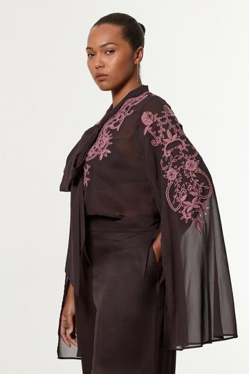 Plus Size Cutwork And Beaded Georgette Tie Neck Woven Blouse With Drama Sleeve chocolate