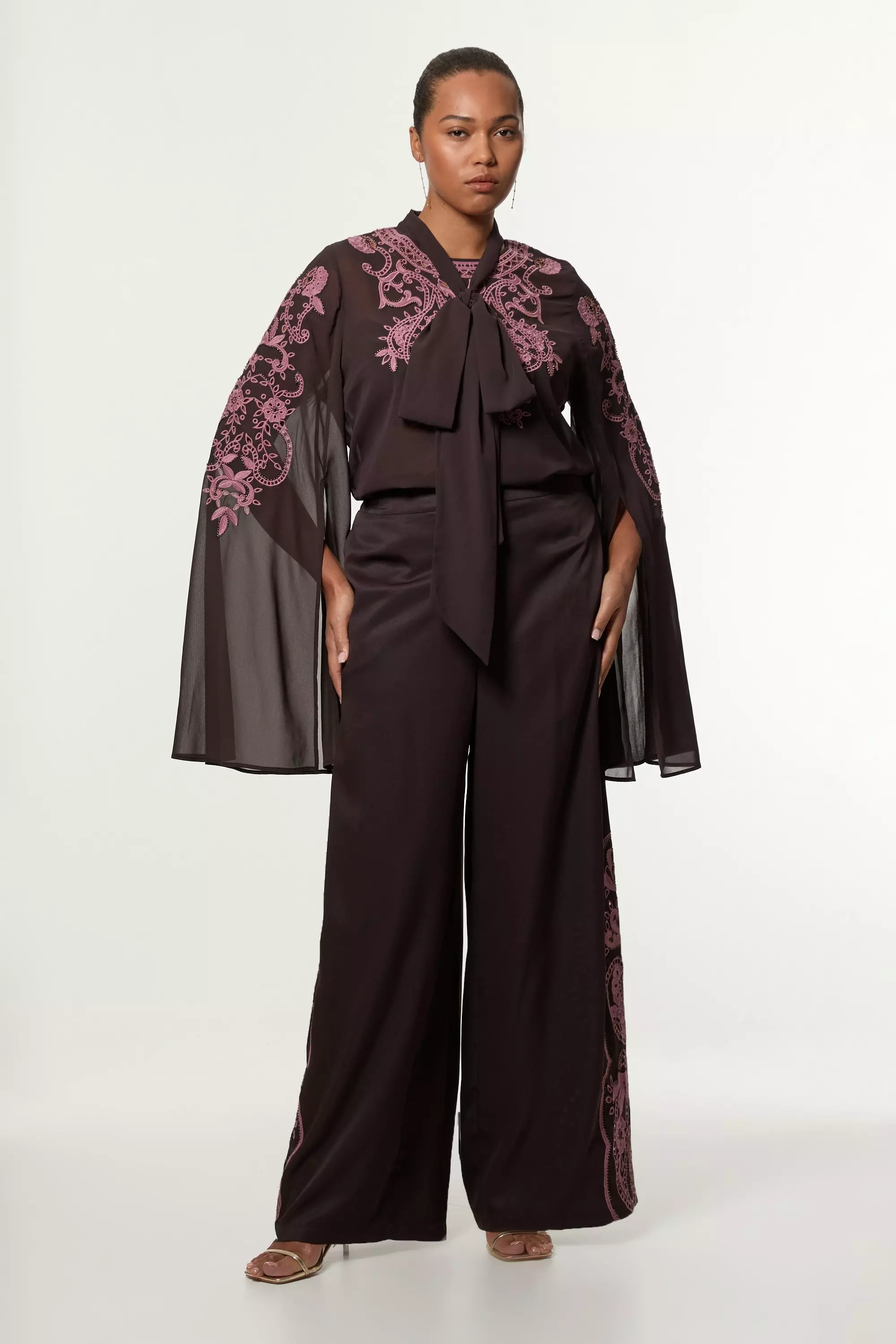 Plus Size Cutwork And Beaded Georgette Tie Neck Woven Blouse