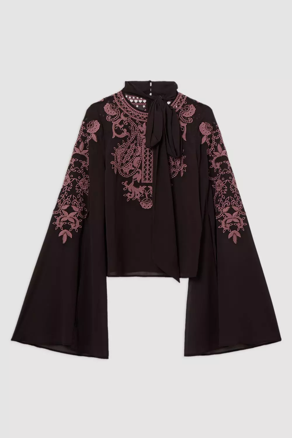 Tall Cutwork Beaded Georgette Tie Neck Woven Blouse With