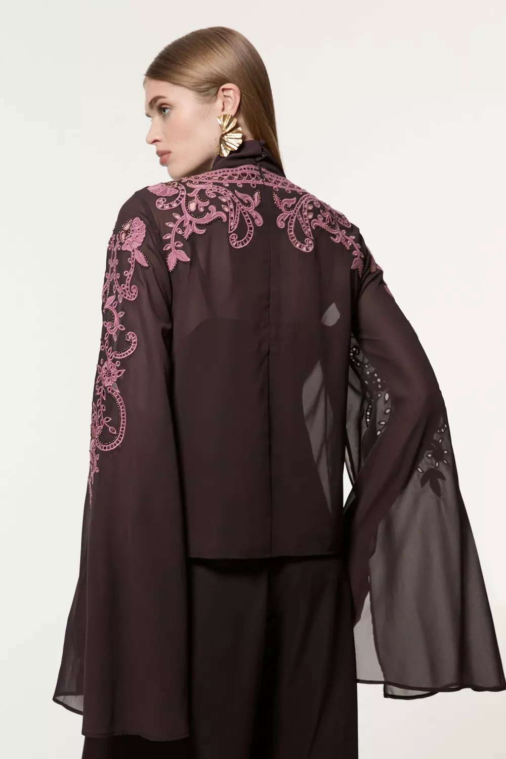 Tall Cutwork Beaded Georgette Tie Neck Woven Blouse With