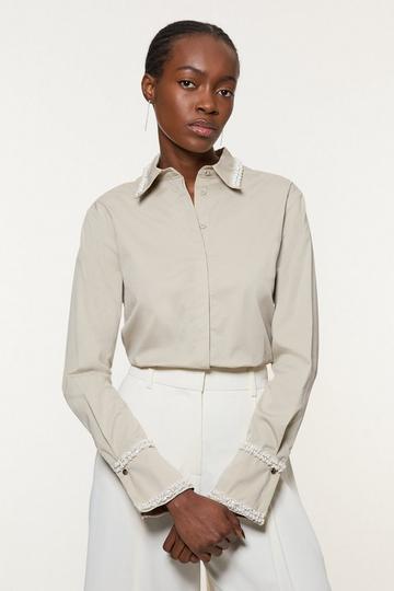 Pearl Trim Cotton Woven Shirt stone