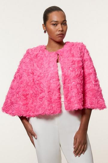 Pink Plus Size Textured Rosette Woven Cropped Cape