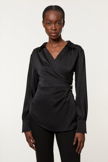 Satin Back Crepe Pearl Detail Wrap Blouse black